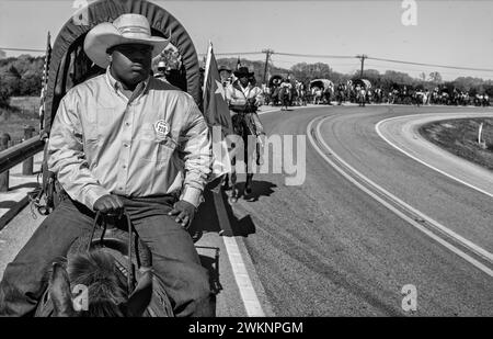 Prairie View, Texas, USA. Februar 2024. HERMAN CLAYTON ADAMS, 16, folgt 67 während der jährlichen Prairie View Trail Riders Association (PVTRA) auf ihrer 100 Meilen langen Reise von Hempstead, TX nach Houston für die jährliche Houston Livestock Show und Rodeo in Houston TX vom 27. Februar bis 17. März. Die PVTRA wurde 1957 gegründet und hat zum Ziel, das landwirtschaftliche Interesse junger Amerikaner zu fördern und jene Prinzipien und Methoden zu verewigen, die als ideale und Traditionen der westlichen Welt sowie als schwarzes westliches Erbe angesehen wurden. It Stockfoto