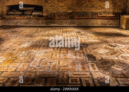 Mosaiken, Krypta der Ausgrabungen aus dem 4. Jahrhundert, Crypta degli Scavi, Basilika von Aquileia aus dem 11. Jahrhundert, größtes Bodenmosaik der Stockfoto