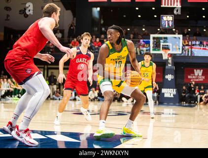 20. Februar 2024 Moraga CA, USA San Francisco Stürmer Jonathan Mogbo (10) will den Ball während des NCAA Männer Basketballspiels zwischen San Francisco Dons und den Saint Mary's Gaels passieren. Saint Mary's schlug San Francisco 70-66 im University Credit Union Pavilion Moraga Calif Thurman James/CSM Stockfoto