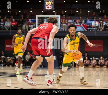 20. Februar 2024 Moraga CA, USA San Francisco Wächter Malik Thomas (1) fährt während des NCAA Männer Basketballspiels zwischen San Francisco Dons und den Saint Mary's Gaels zum Basketball. Saint Mary's schlug San Francisco 70-66 im University Credit Union Pavilion Moraga Calif Thurman James/CSM Stockfoto