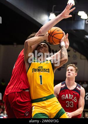 20. Februar 2024 Moraga CA, USA San Francisco Wächter Malik Thomas (1) fährt während des NCAA Männer Basketballspiels zwischen San Francisco Dons und den Saint Mary's Gaels zum Basketball. Saint Mary's schlug San Francisco 70-66 im University Credit Union Pavilion Moraga Calif Thurman James/CSM Stockfoto