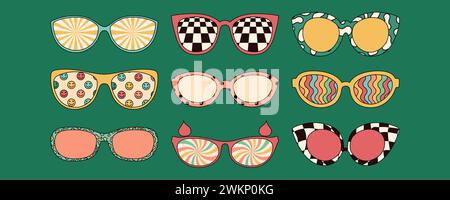 Psychedelische Retro-Sonnenbrille mit verschiedenen Mustern. Trendiger Retro-Style der 1970er Jahre. Vektorabbildung Stock Vektor