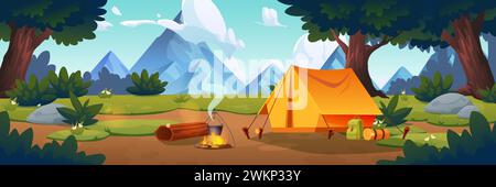 Camping mit Zelt und Feuer im Wald in der Nähe des Berges. Cartoon-Vektor-Sommerlandschaft mit Baumstamm als Sitzplatz, Bowler unter Lagerfeuer Touristenrucksack in der Nähe von Unterschlupf während Outdoor-Abenteuer. Stock Vektor