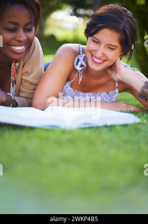 Lesen, Studenten und Frauen mit Büchern über Gras zum Wissen, Lernen und Studium an der Hochschule. Universität, Bildung und Freunde mit Lehrbuch für Stockfoto