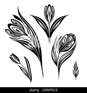 Vektorsatz einfarbiger Frühlingsblumen. Dekorative Tracery-Silhouette-Illustration von Krokussen isoliert vom Hintergrund. Clipart mit Blumenmuster für Aufkleber, Stock Vektor