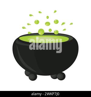Halloween Zauberkessel mit grünem Trank mit kochendem Zaubergebräu. Vektorillustration isoliert auf weißem Hintergrund. Stock Vektor