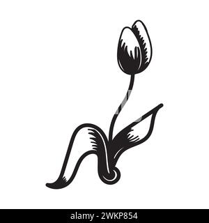 Tulpenblume. Schwarz-weiße Silhouette einer Tulpe. Ein einfaches handgezeichnetes Symbol. Vektorillustration isoliert auf weißem Hintergrund. Stock Vektor