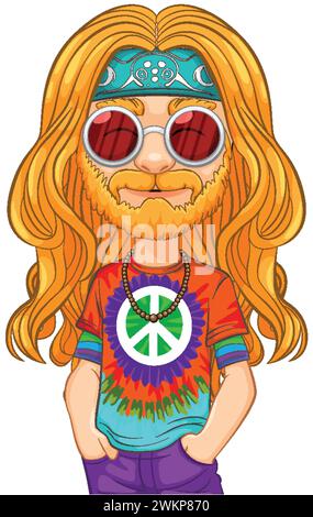 Farbenfroher Hippie mit Friedensschild und Sonnenbrille. Stock Vektor