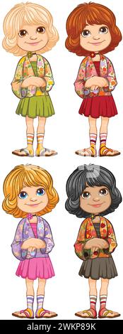 Vier Zeichentrickmädchen mit verschiedenen Frisuren und Outfits. Stock Vektor