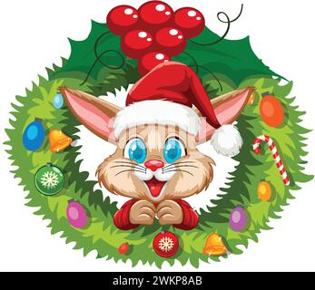 Süßes Kaninchen mit Weihnachtsmütze im Weihnachtskranz. Stock Vektor