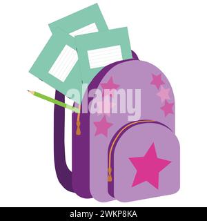 Schulrucksack mit Schreibwaren. Back-to-School-Konzept. Vektorillustration isoliert auf weißem Hintergrund. Stock Vektor