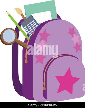 Schulrucksack mit Schreibwaren. Back-to-School-Konzept. Vektorillustration isoliert auf weißem Hintergrund. Stock Vektor