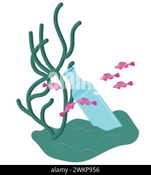 Silhouette eines rosa Fisches in einer Flasche. Meeresverschmutzung Konzept. Flaches Zeichentricksymbol für dein Design. Vektordarstellung isoliert Stock Vektor