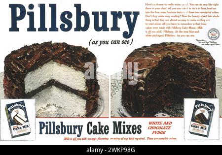 1951 Pilsbury Cake Mixes Printwerbung. „Weiß und Schokoladenfudge, Milch ist alles, was Sie hinzufügen.“ Stockfoto