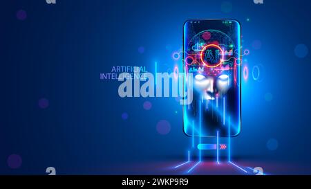 AI mit gruseligem Gesicht auf dem Bildschirmtelefon. Head Chat Bot mit Blitz Augen. Schlechte künstliche Intelligenz im Bild Cyborg-Blick auf die Augen. Bösartige KI oder Compu Stock Vektor