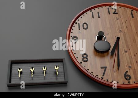 3D-gerenderte Illustration von Uhr und Holzkasten mit Tasten auf violettem Hintergrund. Zeitlich begrenzt. Vier goldene Schlüssel sind hier. Sie haben vier Möglichkeiten. Stockfoto