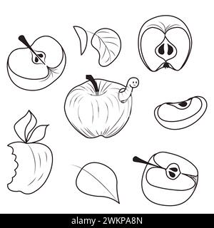 Äpfel und Blätter. Set mit einfachen Symbolen für ganze und geschnittene Früchte im Doodle-Stil. Vektorillustration isoliert auf weiß Stock Vektor
