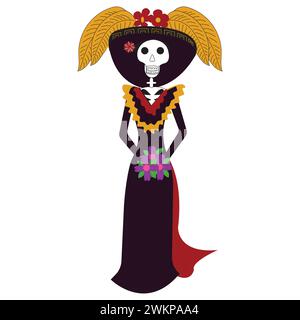 Tag der Toten in Mexiko. Mädchen Katrina Calavera in mexikanischem Kostüm. Vektorillustration isoliert auf weißem Hintergrund. Stock Vektor
