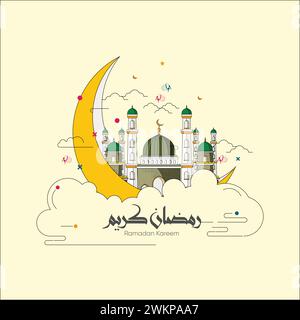Line Art Ramadan Kareem Hintergrund. Halbmond und Moschee in Vektorillustration. Stock Vektor