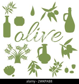 Olivenöl, Olivenzweig. Symbolgruppe. Vektorillustration isoliert auf weißem Hintergrund. Stock Vektor