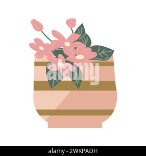 Blumenstrauß in dekorativer rosafarbener Vase mit Gold. Vektorillustration kann für Aufkleber, Hintergrundbilder, Grußkarten verwendet werden. Goldenes Dekor auf Topf und Pflanzen. Stock Vektor