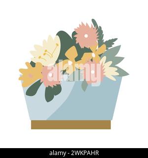 Blumenstrauß in dekorativer Vase mit Gold. Vektorillustration kann für Aufkleber, Hintergrundbilder, Grußkarten verwendet werden. Goldene Einrichtung auf Topf und Frühlingsblumen. Stock Vektor