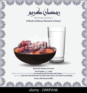 Minimalistisches Ramadan Kareem Iftar Poster mit einem Glas Wasser und Datteln. Die Illustration zeigt den Hadith über das schnelle Brechen. Stock Vektor