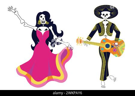 Dia de muertos Postkarte, tanzende Skelette in mexikanischen Kostümen und eine Gitarre. Vektorillustration isoliert auf weißem Hintergrund. Stock Vektor