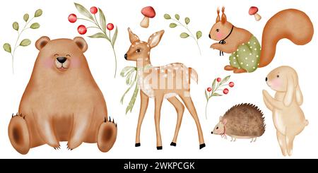 Aquarelle Waldtiere in einem großen Set. Süßes Hirsch, Bär, Eichhörnchen, Igel und Hase. Waldbewohner im Zeichentrickstil mit Bögen. Isoliert Stockfoto