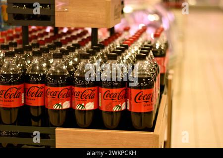 Brovary. Kiew. Ukraine. 21.02.2024. Vorführung mit Flaschen berühmter Getränke. Stockfoto