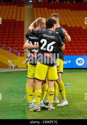 Brisbane, Australien. Februar 2024. Bozhidar Kraev (11 Wellington) feiert das Eröffnungstor während des Spiels der Isuzu Ute A League Stockfoto