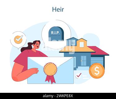 Erbe Eine Frau wird mit einem Zertifikat dargestellt, das die rechtliche Anerkennung als Erbe symbolisiert, sowie mit Bildern eines Hauses und einer Münze, die vererbte Vermögenswerte darstellen. Illustration des flachen Vektors Stock Vektor