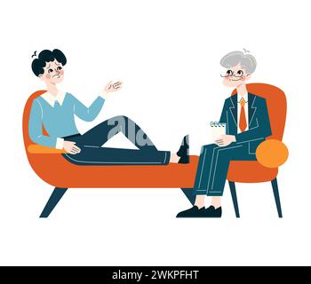 Therapiesitzungskonzept. Der Patient öffnet sich einem Psychologen in einer gemütlichen Büroumgebung, ein Dialog der Heilung und des Verständnisses entfaltet sich. Illustration des flachen Vektors Stock Vektor