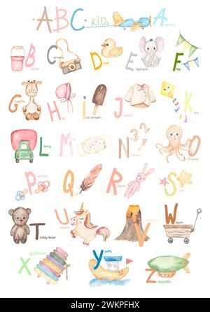 Alphabet-Poster für Kinder, handgezeichnete Buchstaben und Illustrationen von Kinderspielzeug, ABC-Bildung für Baby-, Flora- und Fauna-Zeichen. Englische Vorschule al Stockfoto