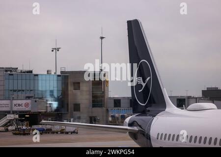 Frankfurt am Main am 21. Februar 2024, Flughafen-Airport v.l., Symbolfoto, Symbolbild: Lufthansa Flugzeug am Gate, Heck, Logo *** Frankfurt am Main am 21. Februar 2024, Flughafen V l , Symbolfoto, Symbolbild Lufthansa Flugzeug am Gate, Heck, Logo Copyright: JoaquimxFerreira Stockfoto