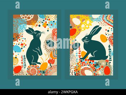 Osterhasen-Poster. Postkarte Happy Easter. Handzeichnung. Nicht AI. Vektorabbildung Stock Vektor