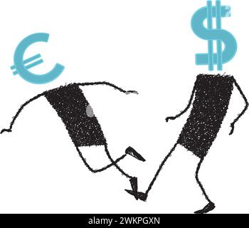 Abbildung mit zwei Strichfiguren, eine hat das Dollarzeichen im Kopf, die andere das Euro-Symbol. Die Dollarkurses haben den Euro gestolpert. Stock Vektor