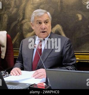 Foto Mauro Scrobogna/LaPresse 22-02-2024 Roma (Italia) - Politica - Camera dei Deputati, Commissioni riunite, Esteri della Camera Esteri e difesa del Senato, audizione del Ministro degli Esteri - Nella foto: IL Ministro degli esteri Antonio Tajani durante la sua audizione sull' intesa di cooperazione e sicurezza tra Italia e Ucraina davanti alle Commissioni presiedute da Stefania Craxi e Giulio Tremonti 22. Februar 2024 Rom (Italien)- Politik - Abgeordnetenkammer, gemeinsame Kommissionen, auswärtige Angelegenheiten der Kammer Auswärtige Angelegenheiten und Verteidigung des Senats, Anhörung des Ministers von Stockfoto