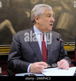 Foto Mauro Scrobogna/LaPresse 22-02-2024 Roma (Italia) - Politica - Camera dei Deputati, Commissioni riunite, Esteri della Camera Esteri e difesa del Senato, audizione del Ministro degli Esteri - Nella foto: IL Ministro degli esteri Antonio Tajani durante la sua audizione sull' intesa di cooperazione e sicurezza tra Italia e Ucraina davanti alle Commissioni presiedute da Stefania Craxi e Giulio Tremonti 22. Februar 2024 Rom (Italien)- Politik - Abgeordnetenkammer, gemeinsame Kommissionen, auswärtige Angelegenheiten der Kammer Auswärtige Angelegenheiten und Verteidigung des Senats, Anhörung des Ministers von Stockfoto