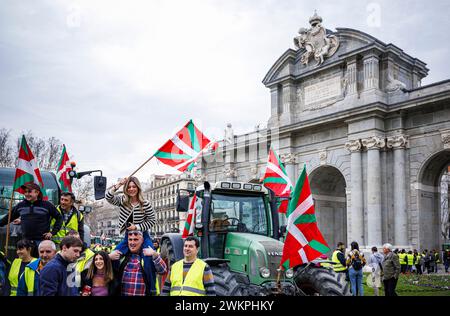 Mdrid, Madrid, Spanien. Februar 2024. Spanische Bauern blockieren während des Streiks die Straßen Madrids. (Kreditbild: © Pablo Garcia/DAX via ZUMA Press Wire) NUR REDAKTIONELLE VERWENDUNG! Nicht für kommerzielle ZWECKE! Stockfoto