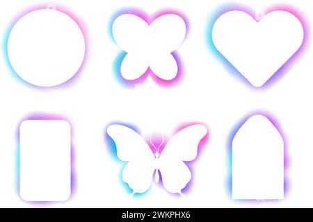 Y2K-Rahmen abstrakter Bogen, Spektrum Schmetterling Glow Aura Unschärfe Formen, Grenzen, Regenbogenspektrum Glanz Farbe isoliert auf weißem Hintergrund. . Vektorabbildung Stock Vektor