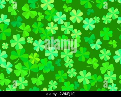 Nahtloses Muster mit Kleeblatt für St. Patrick's Day. Grüne Schattierungen von vierblättrigen und dreiblättrigen Klee. Hintergrund für Werbeprodukte, postca Stock Vektor
