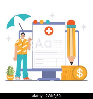 Prozesskonzept für Versicherungsansprüche. Eine selbstbewusste Person mit einem Regenschirm steht neben einem riesigen Klemmbrett und Bleistift, die Gesundheitsdokumentation repräsentiert. Illustration des flachen Vektors Stock Vektor