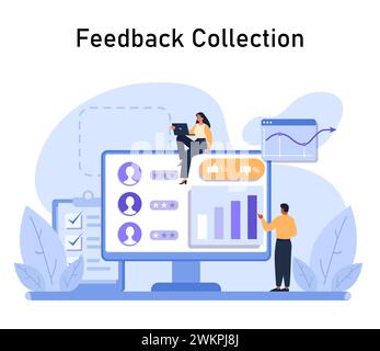 Team analysiert Kundenfeedback auf einem großen Bildschirm und betont datenbasierte Erkenntnisse aus Bewertungen, Rezensionen und Leistungsdiagrammen. Illustration des flachen Vektors. Stock Vektor