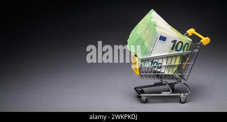 Geld im Miniatur-Einkaufswagen: Ein Finanzkonzept mit einem Haufen Euro-Banknoten und Kopierraum. Stellt einen Kredit, Kredit, Barabhebung dar, Stockfoto