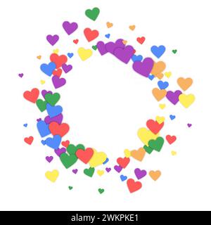 Fallende Herzen valentinskarte Vorlage. Regenbogenfarbene verstreute Herzen. LGBT-valentinskarte. Chaotisch fallende Herzen Vektor-Illustration. Stock Vektor