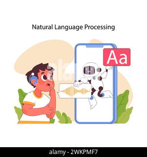 KI im Bildungsbereich erforscht die Verarbeitung natürlicher Sprachen, wobei ein Roboter einem aufmerksamen Schüler Phonetik beibringt. Illustration des flachen Vektors Stock Vektor