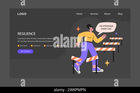 Webbanner oder Landing-Page im Nacht- oder Dunkelmodus. Selbstbewusste Frau tritt über Hürden. Entschlossene weibliche Figur, die Hindernisse durchbricht. Geistige Stärke. Illustration des flachen Vektors. Stock Vektor