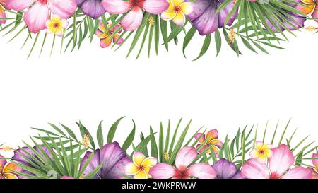 Nahtloser Rahmen tropische Pflanzenpalme, Hibiskus. plumeria Blume isolierter weißer Hintergrund. Aquarell handgezeichnete botanische Illustration. Kunst für Stockfoto