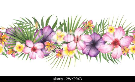 Nahtlose Grenzgirlande tropische Pflanzenpalme, Hibiskus. plumeria Blume isolierter weißer Hintergrund. Aquarell handgezeichnete botanische Illustration. Kunst für Stockfoto